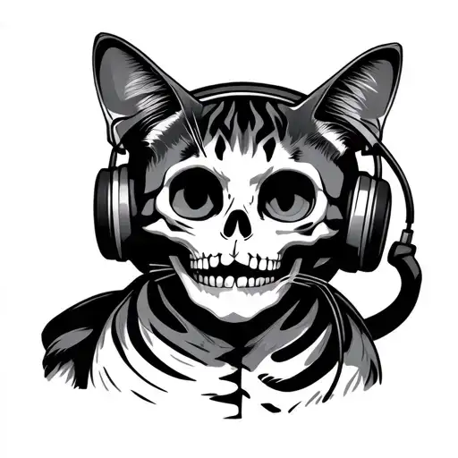 Skeleton And Cat Wearing Headphones