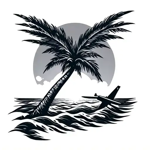 Palm Tree With Plane Sun And Waves