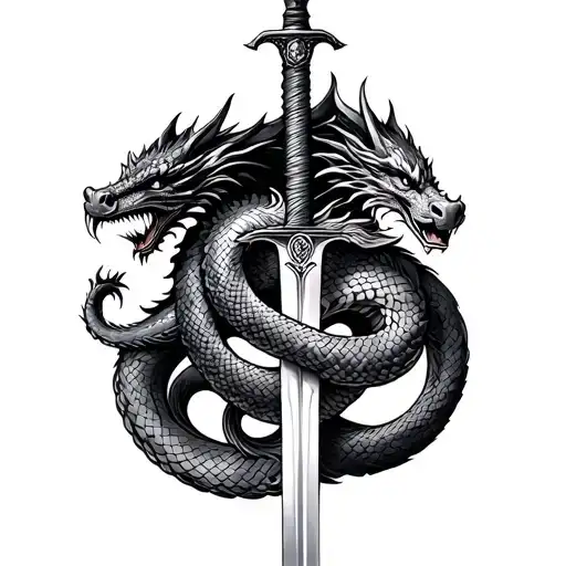 Two Dragons And Snake Wrapped Around Sword