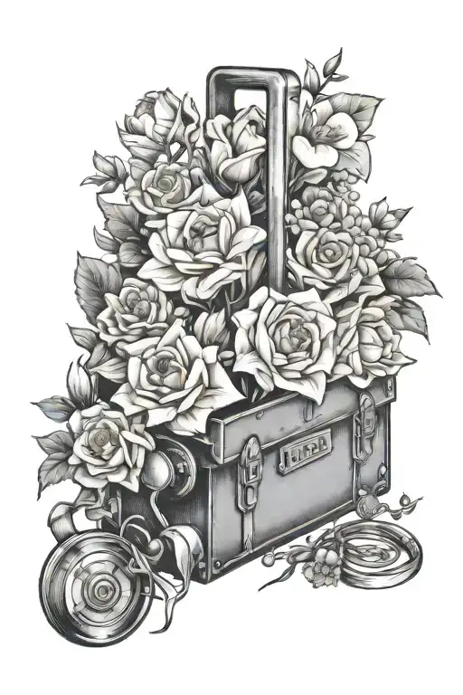 Design A Black And Grey Tattoo Of A Toolbox Overflowing With Blooming Flowers