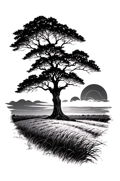 A Tree In A Field With A Sunset In The Back