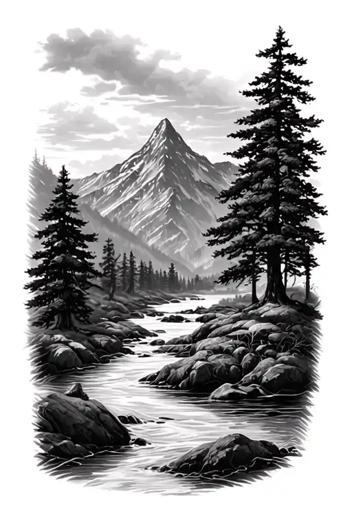 River Flowing Through A Mountain With 5 Trees