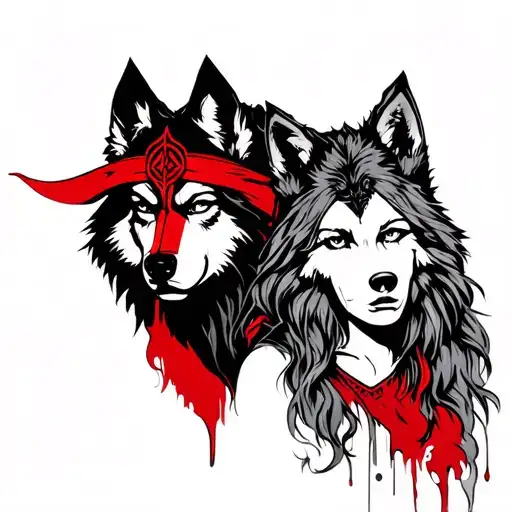 Viking Woman And Red And Black Ink Wolf