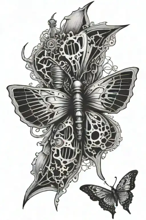 Back Spine Tattoo Of Cyberpunk Butterfly Skeleton With Goth Vibes