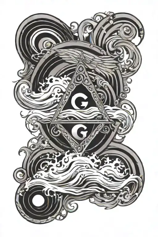 Masonic Symbol And Water Waves Flowing Ocean Ying And Yang