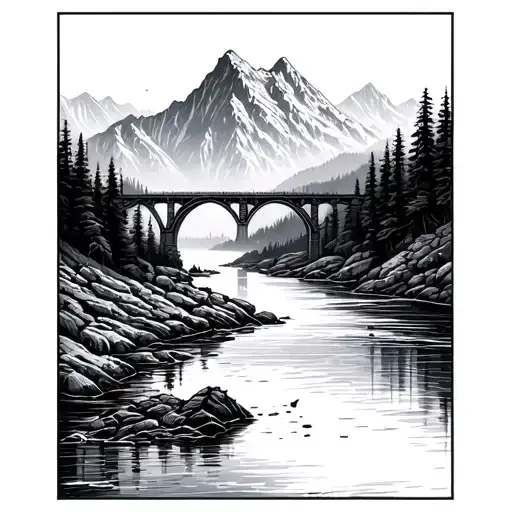 Mountains With River And Broken Bridge