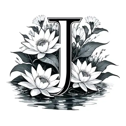 The Letter J With Water Lilies And Daisies Surrounding It