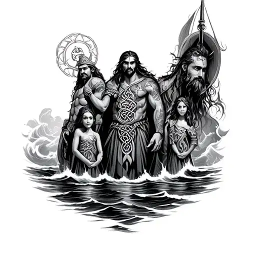 Celtic Warrior And The Ocean With Family