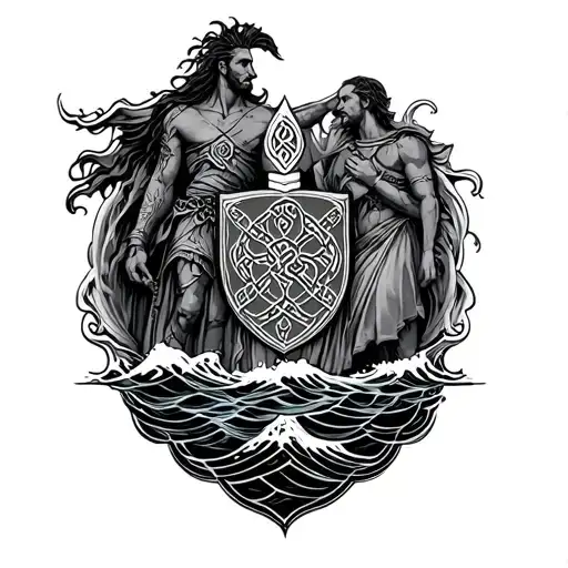 Celtic Warrior And The Ocean With Family Crest