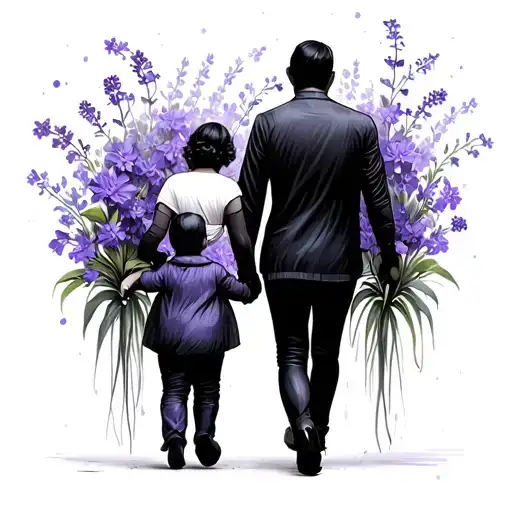Papa And Mama And A Baby Walking In Violet Flowers