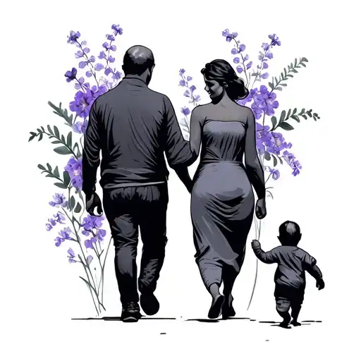 Papa And Mama And A Baby Walking In Violet Flowers