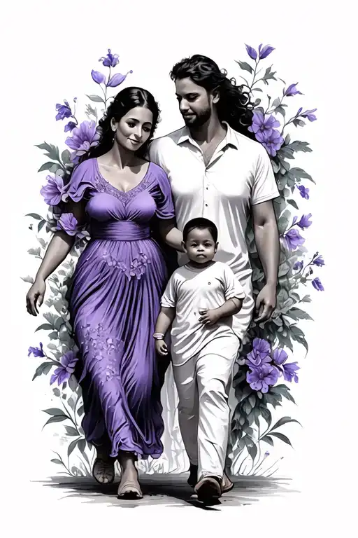 Papa And Mama And A Baby Walking In Violet Flowers