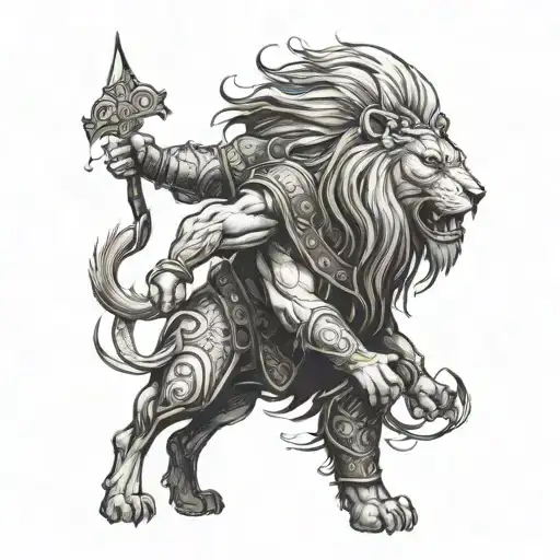 Lion Standing With A Viking On The Battlefield Scene