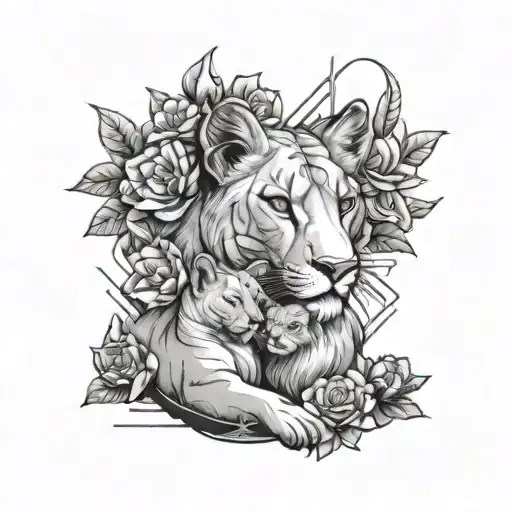 A Futuristic Cyberpunk Version Of A Lioness And Cub Surrounded By Neon Flowers