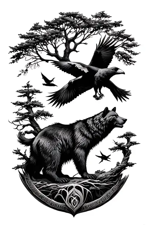 Tree Of Life With Bear And Wolf And Raven Flying