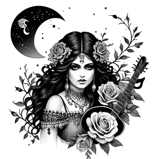 Gypsy Woman With Music And Rose And Moon