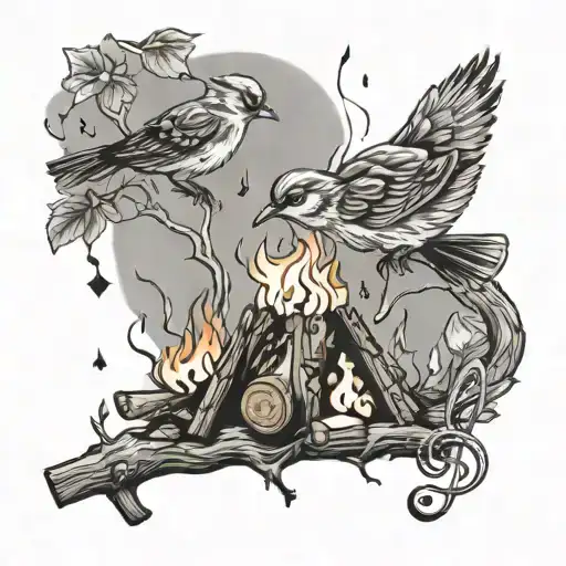 Campfire With Bird And Music Notes