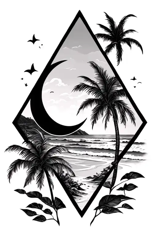 Beach Theme Tattoo In A Diamond Shape Outline With A Half Moon