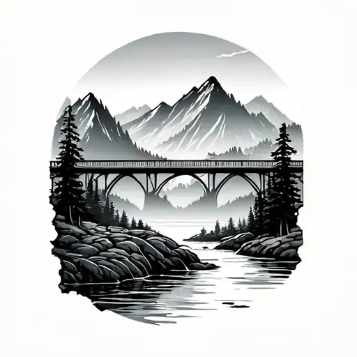 Broken Bridge Mountain Range With River Flowing