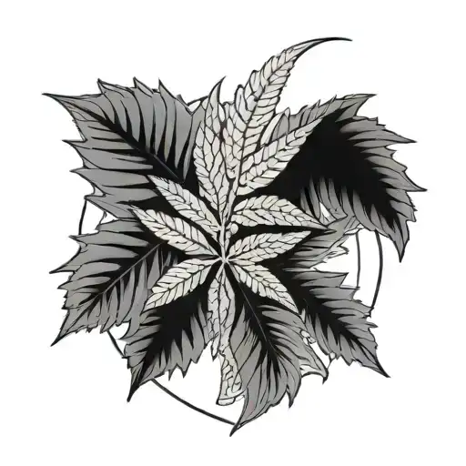 A Minimalist Tattoo Design Of A Cannabis Leaf Intertwined With A Crochet Hook