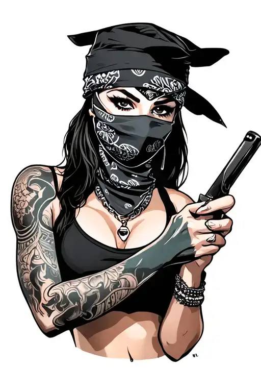 Female Gangster In Bandana Mask Holding