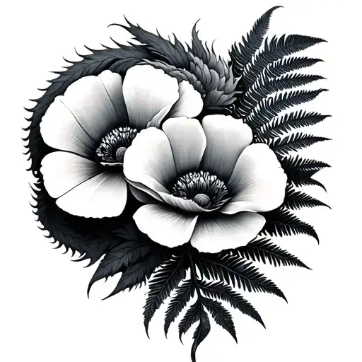 English Dragon Poppys And Silver Fern Leaf