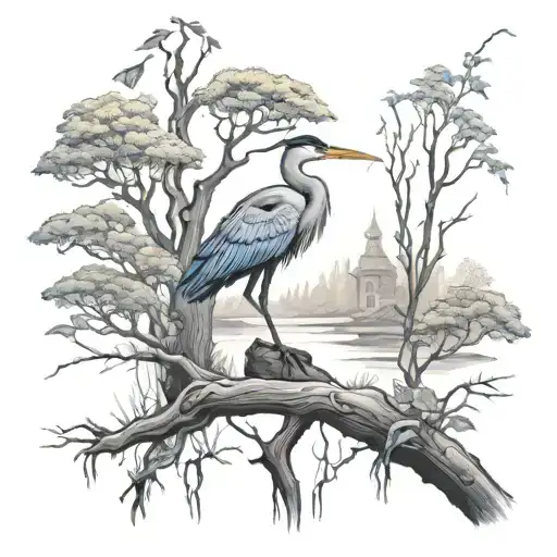 A Mystical Forest Scene With Hidden Creatures And A Blue Heron Perched On A Tree Branch