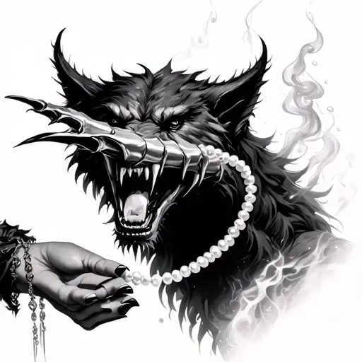 Werewolf Monster Claw Holding Pearl Necklace Out To Woman's Hand Fantasy Sparkle Glitter Smoke