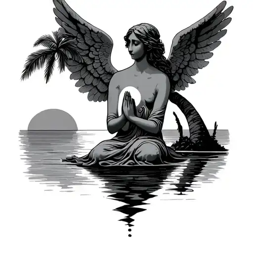 Angel Praying Over Sunset And Palm Tree