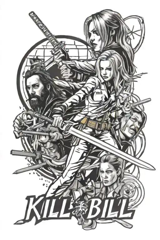 Kill Bill Compilation Black And White Drawing With Text And Graphics