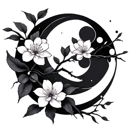 Cherry Blossom With Moon And Geometric Elements