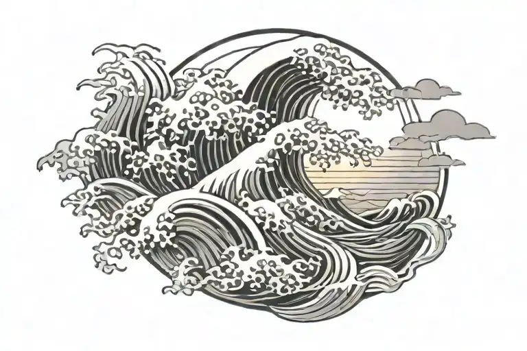 Japanese Traditional Waves Pattern And Sun Setting