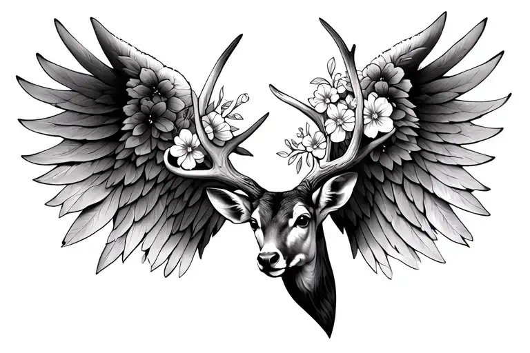 Wing And Whitetail Deer Antler With Flowers Around It As The Other Wing