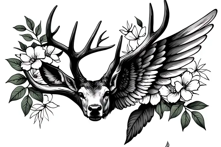 Wing And Whitetail Deer Antler With Flowers Around It