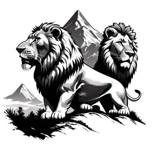 Two Lions And A Mountain Peak