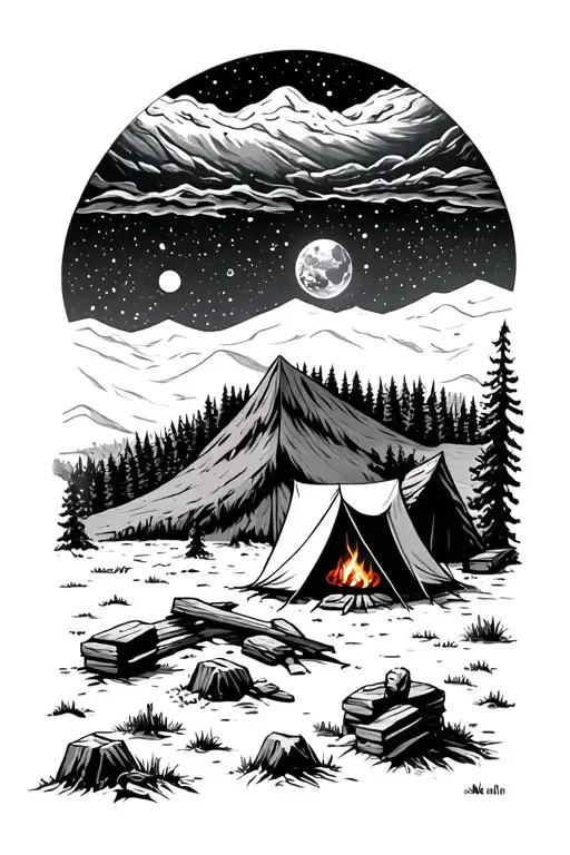 Outer Space Above Campsite Scene With A Roaring Fire