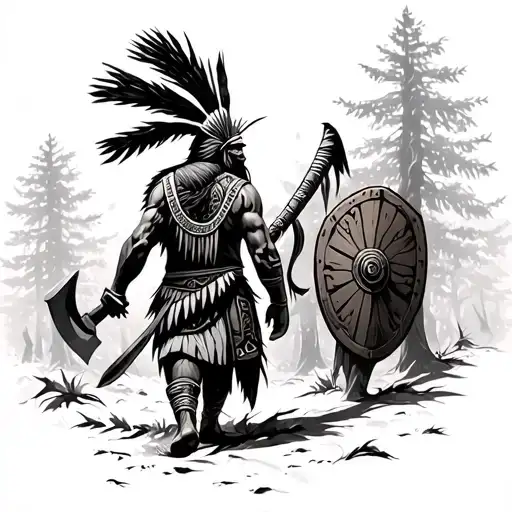 Forest Scene With Aztec Warrior Walking Away To Family Leaving Shield And Axe Behind