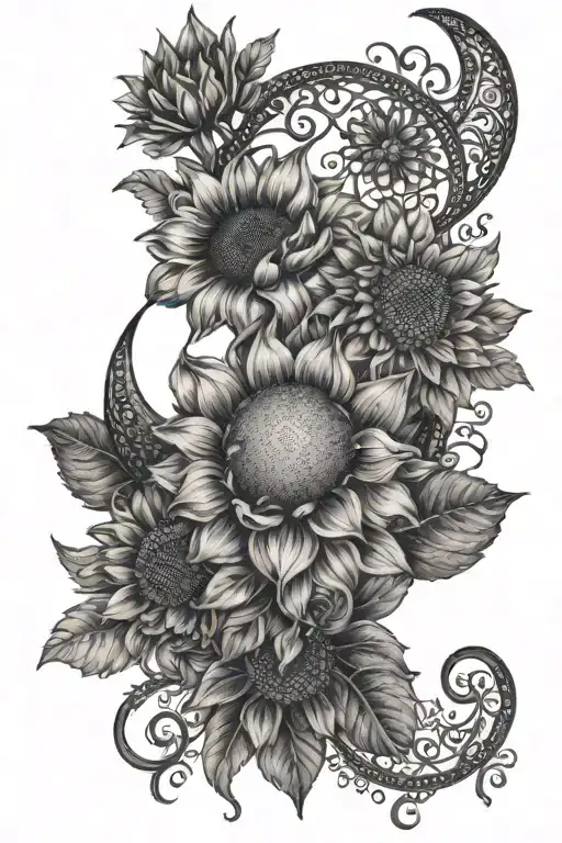 Crescent Moon Unalome With Sunflowers And Lace