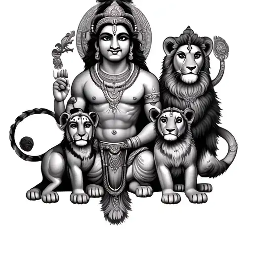 Hanuman With Siva And Kirshna Angre Lion Cubs