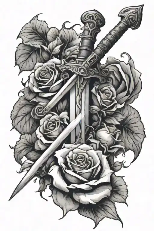 A Sword With A Cape Hanging Off The Hilt And Roses Growing Up From The Bottom