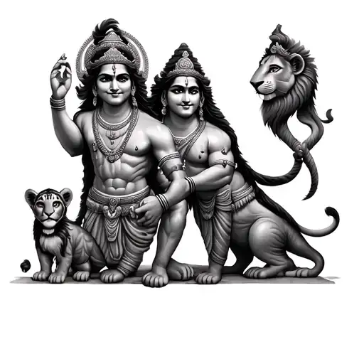 Hanuman With Siva And Kirshna Angre Lion Cubs