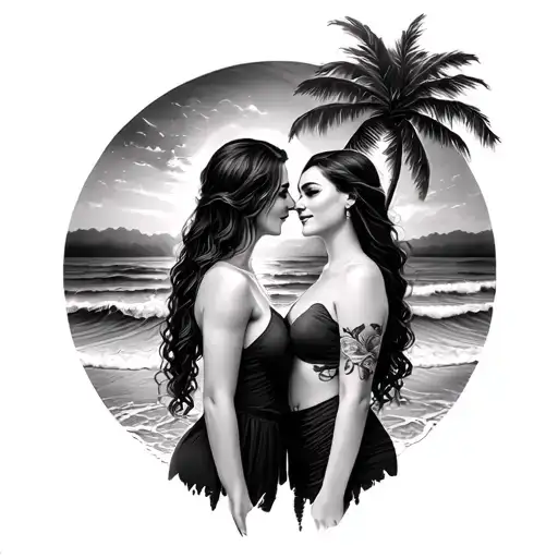 Sisters On Beach Sunrise Background