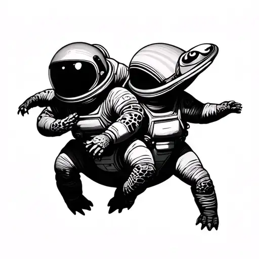 Two Astronaut Turtles In Space With Background Saturn