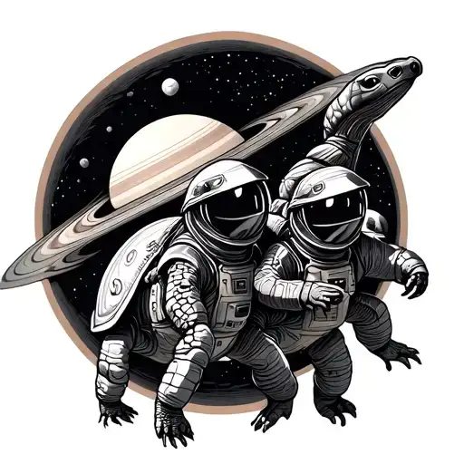 Two Astronaut Turtles In Space With Background Saturn