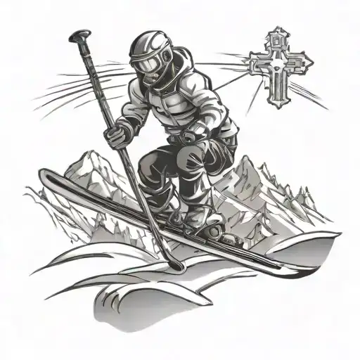 Skiing And Christian Cross Tattoo Design