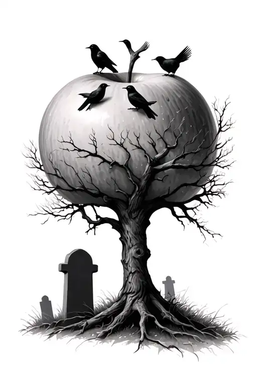 Dead Apple Tree In Graveyard With Crows Perched