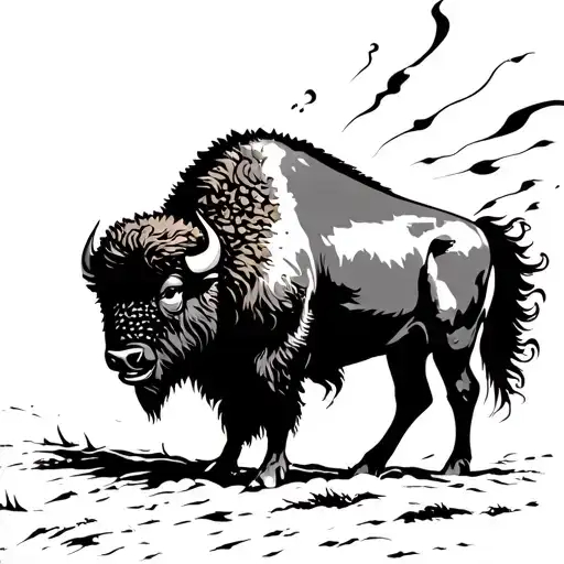 Bison In Storm Wind Blowing