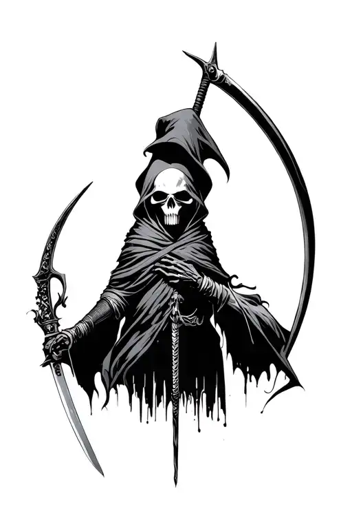 Reaper On The Scythe On The Right Side Of The Shoulder And Death With Katana
