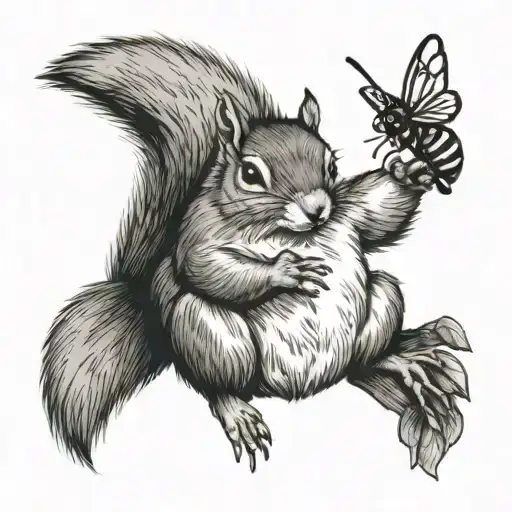 A Black-grey Tattoo Of A Squirrel Holding A Bee In Its Paw