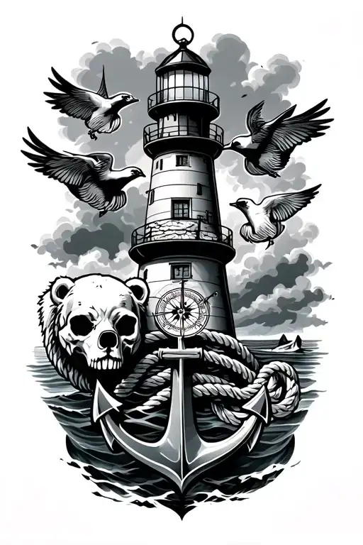 Nautical Tattoo With Lighthouse Stormy Sea Compass Anchor Rope 2 Swallows And A Polar Bear Skull